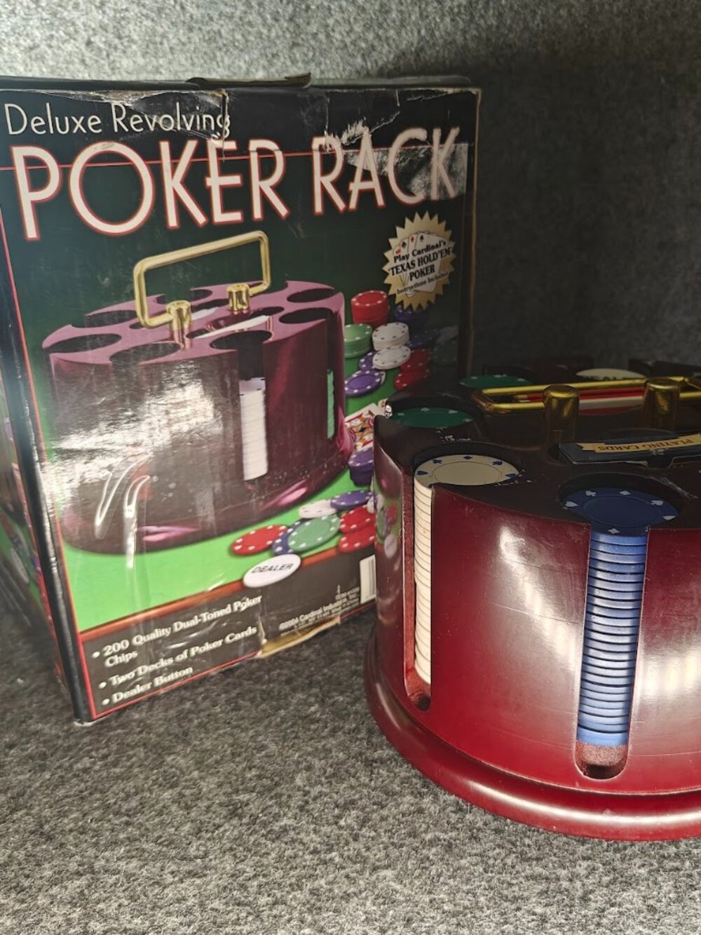 Deluxe Revolving Poker Rack 200 Chips 2 Decks Dealer Button PREOWNED BOX